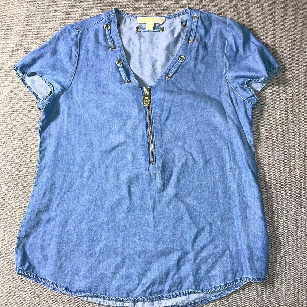 Michael‎ Kors Blouse Top Womens Small Blue Chambray V Neck Casual Quarter Zip